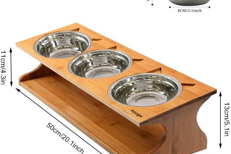 Cat Bowls Pet Dining Table with Raised Slope Wooden Stand Elevated Pet Bowls with Oblique Stand for Cats, Dogs, Kitten and Puppy (3 Bowls, Steel)