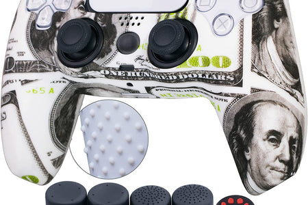 Water Transfer Printing Silicone Thickened Cover Skin Case for PS5 Dualsense Controller X 1(US Dollars) with Thumb Grips X 10