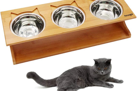 Cat Bowls Pet Dining Table with Raised Slope Wooden Stand Elevated Pet Bowls with Oblique Stand for Cats, Dogs, Kitten and Puppy (3 Bowls, Steel)