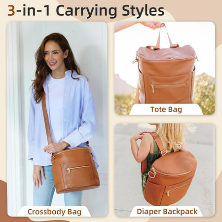 Small Diaper Bag Mini Diaper Bag by , Leather Diaper Bag Backpack with 13 Diaper Bag Organizers,2 Insulated Pockets, and Shoulder Strap(Brown)
