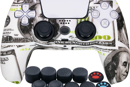 Water Transfer Printing Silicone Thickened Cover Skin Case for PS5 Dualsense Controller X 1(US Dollars) with Thumb Grips X 10