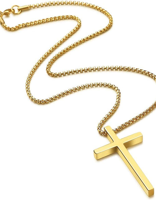 Load image into Gallery viewer, Easter Basket Stuffers - Cross Necklace for Men Teen Boys, Silver Black Gold Stainless Steel Plain Cross Pendant Necklace Box Chain 16-30 Inch
